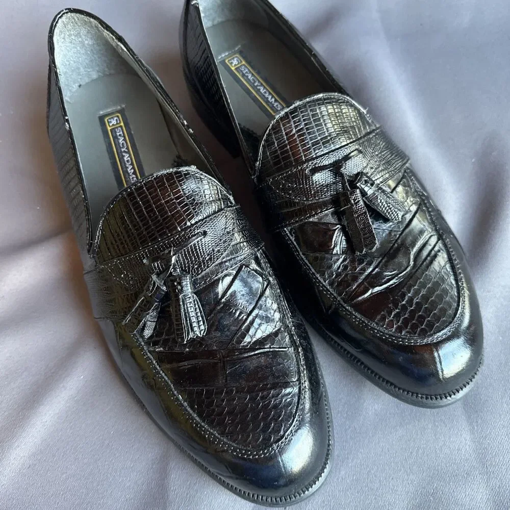 Stacy Adams Black Loafers 11 M Tassel Slip On Dress Shoes Mens Leather Snake